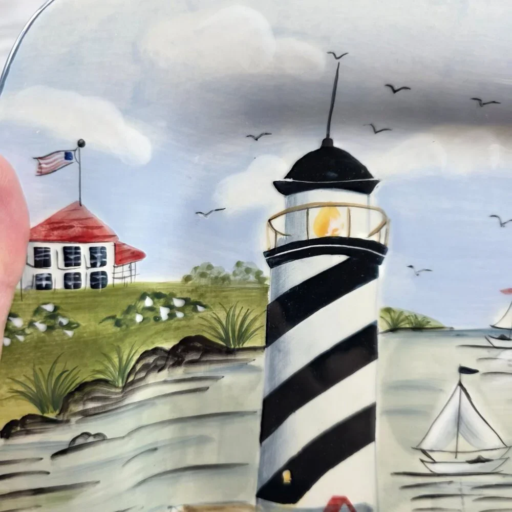 TWO Sakura Nantucket Shoreline Square Salad Plates Lighthouses, Birds Grass